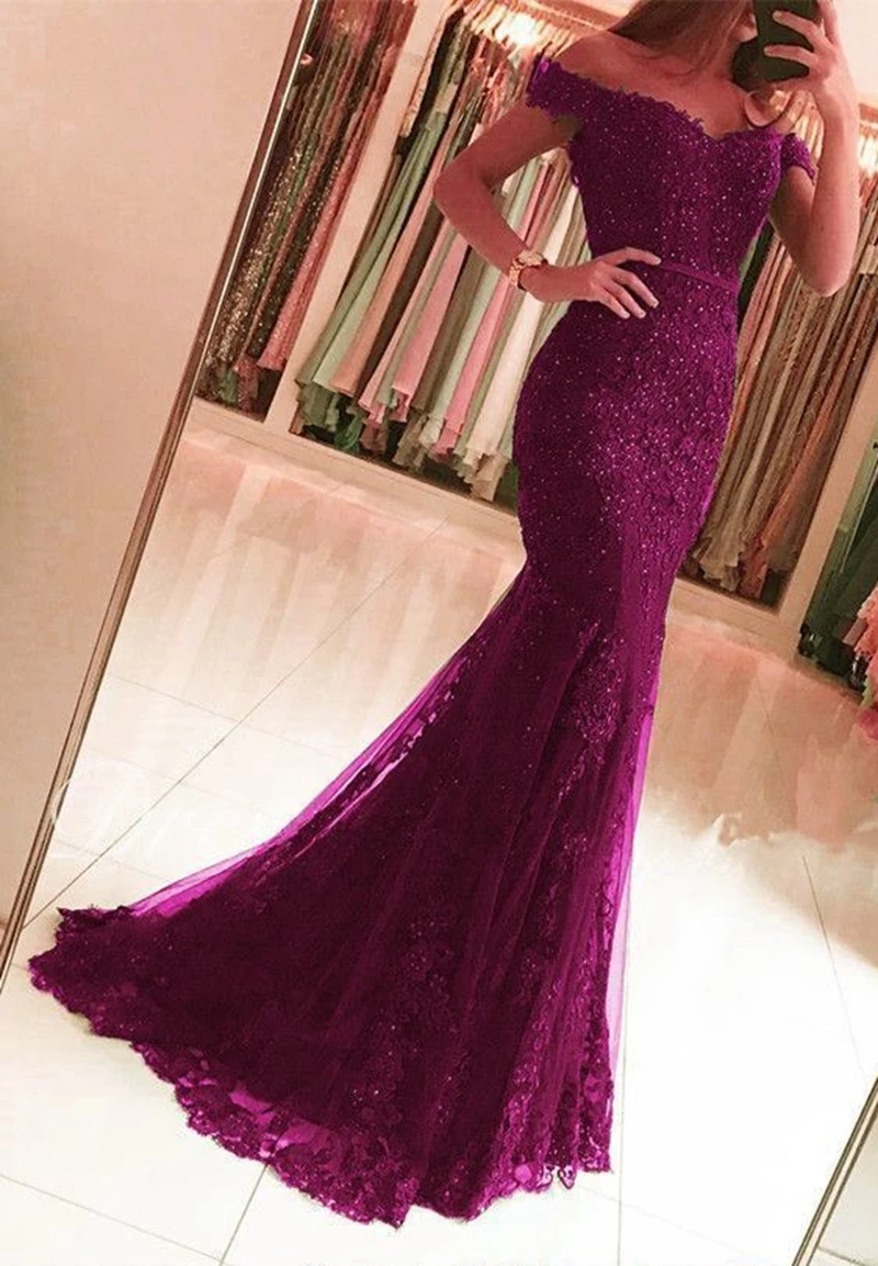 Royal Blue Mermaid Evening Dresses 2024 New Women Boat Neck Appliques Lace Formal Party Elegant Off Shoulder Long robe de soiree