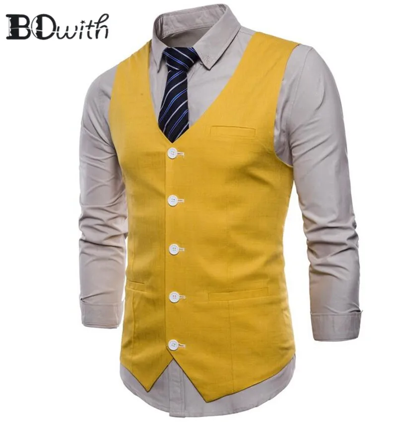 New Arrival Yellow Men's Sleeveless Slim Fit Suit Vest Single Breasted Five Buttons Business Dating Wedding Dress Waistcoat