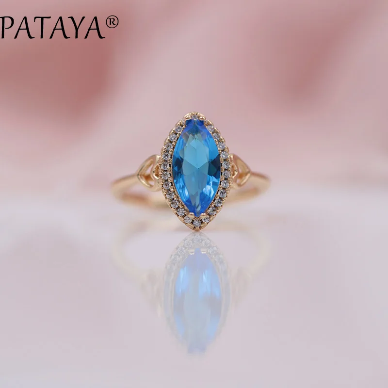 PATAYA New Exclusive 585 Rose Gold Color Drop Earrings Rings Sets Horse Eye Blue Natural Zirconia Women Wedding India Jewelry