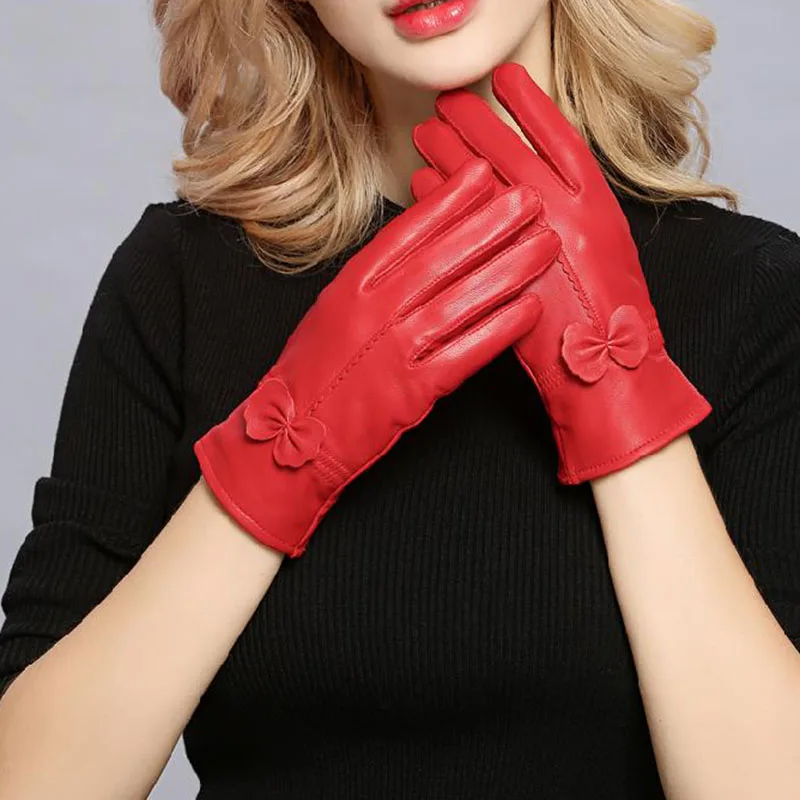 Women Genuine Leather Winter Warm Glove Ladies Real Sheep Leather Gloves Girls Driving Fashion Female Luxury Wool lined Gloves