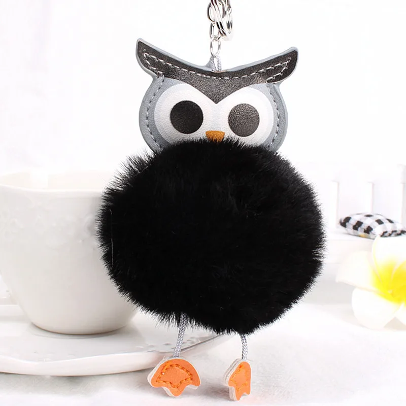 Cute Girls Fluffy Rabbit Fur Ball Pompom Owl keychain Women Nighthawk On Bag Car Trinket Jewelry Party Gift