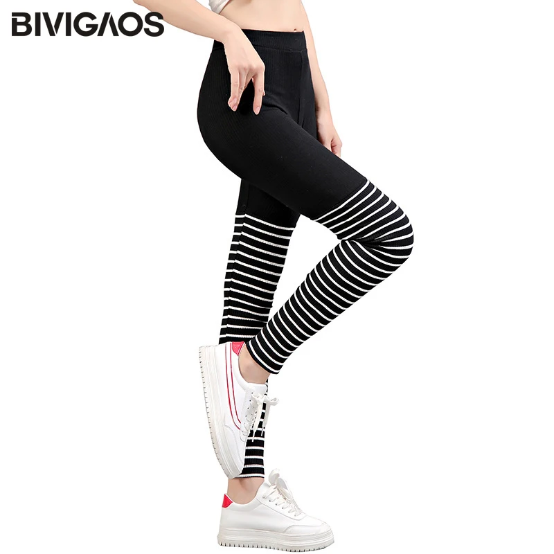 BIVIGAOS Women Fall Cotton Workout Leggings Thread Stitching Calf Stripes Stretch Legging Pencil Pants Thin Slim Sport Leggings