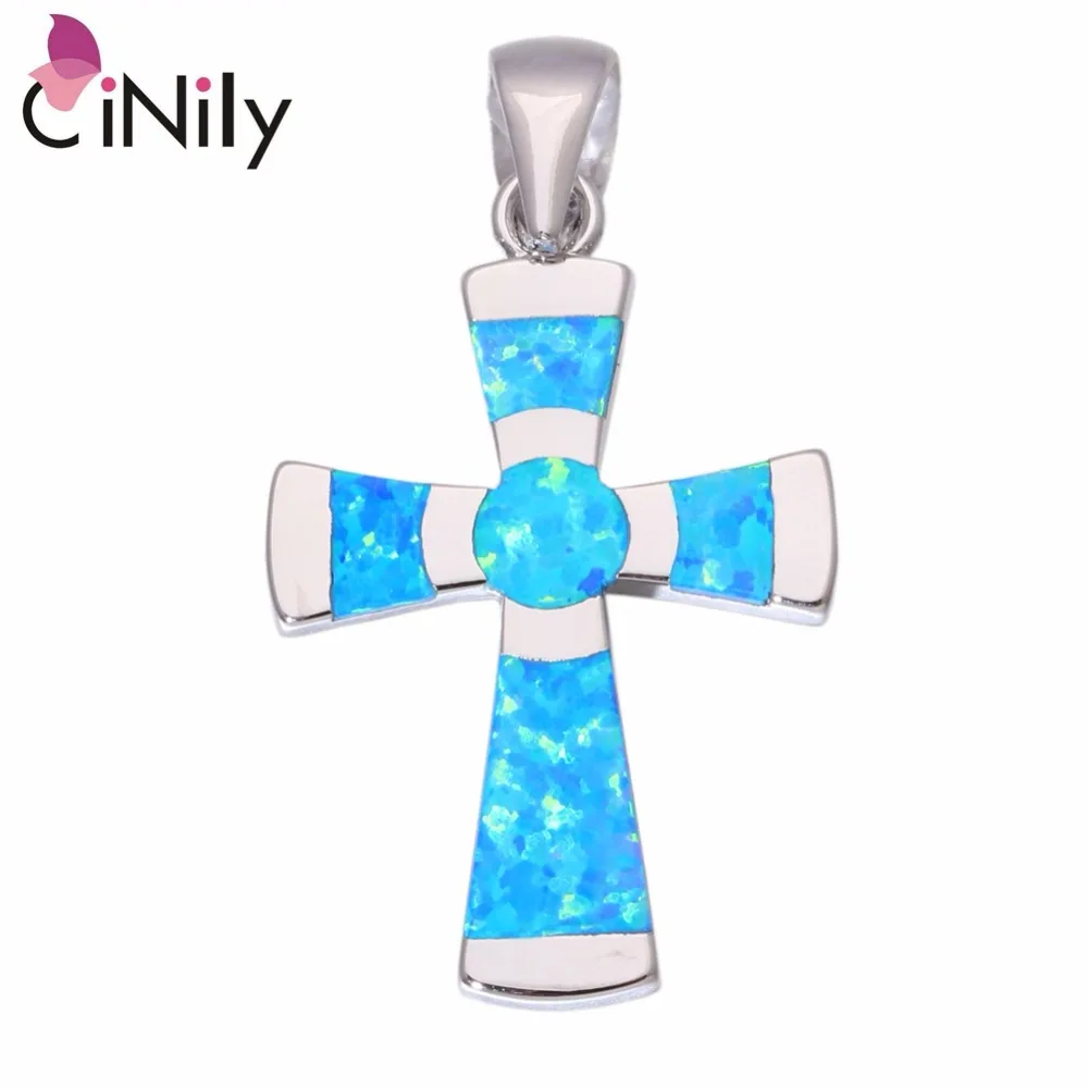 

CiNily Created Blue White Fire Opal Silver Plated Wholesale Cross for Women Jewelry Christmas Gift Pendant 1 3/8" OD6789-90