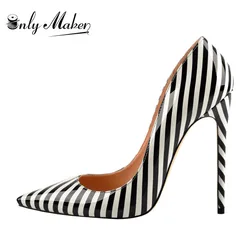 Onlymaker Women Zebra Black White Stripe Elegant 12CM High Heel Wedding Shoes US5~US15 Big Size Slip On Pumps