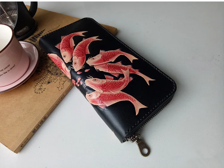 Handmade Carving Red Carp Women Wallets Card Holder Purses Men Long Clutch Vegetable Tanned Leather New Year Gift