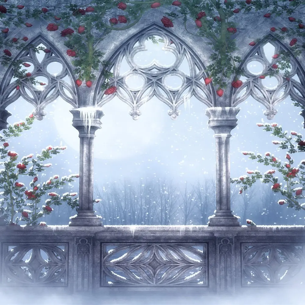 Capisco Interior Castle Christmas Party Backdrop Red rose Vines moon Light Arch Window Winter Snow Scenic Photo Background