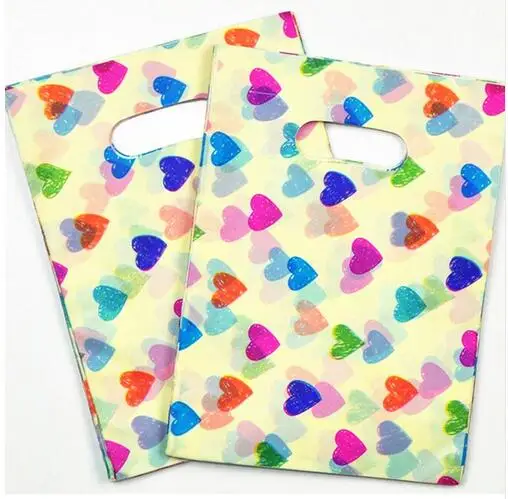 15*20cm Colourful Heart Small Plastic Gift Packaging Hot Plastic Bags With Handle Jewelry Packaging100pcs/lot