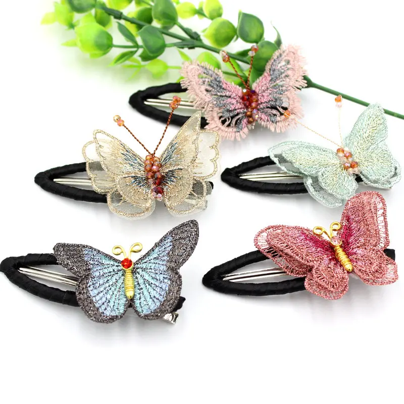 One Handmade Embroidery Butterfly Barrettes Metal Zakka Alligator Hair Clip for Wedding Bridal Hairpiece, Mother's Day Gift