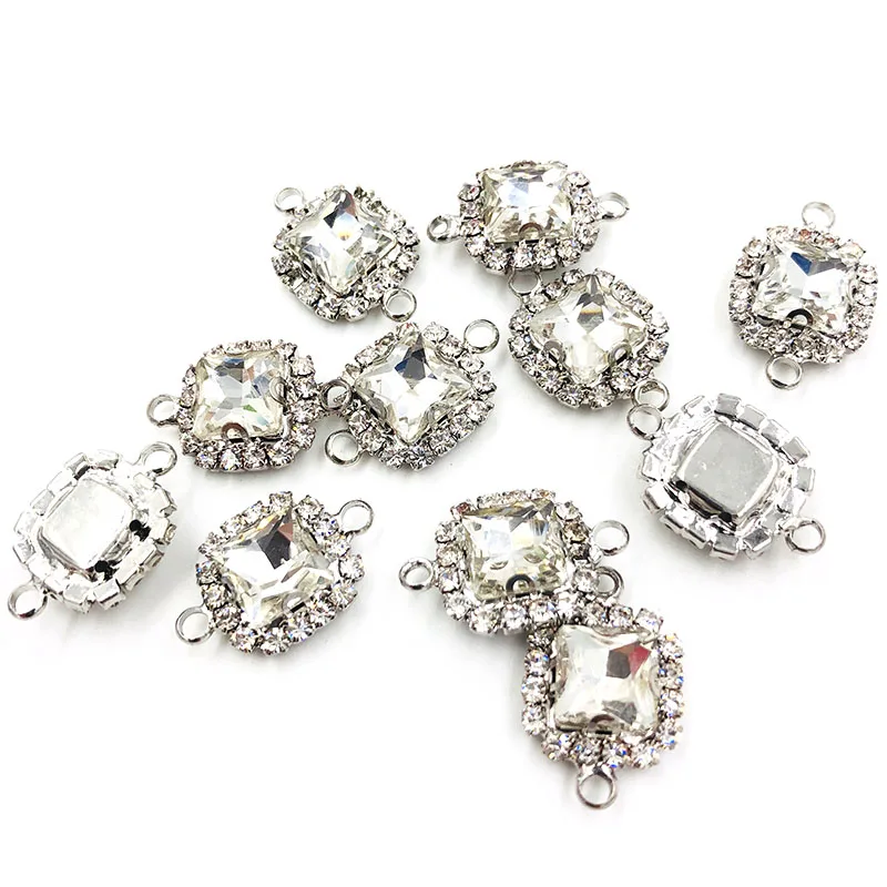 8mm 10pcs/bag Double loop sew on rhinestones Clear white glass crystal square Silver bottom Crystal button DIY accessories