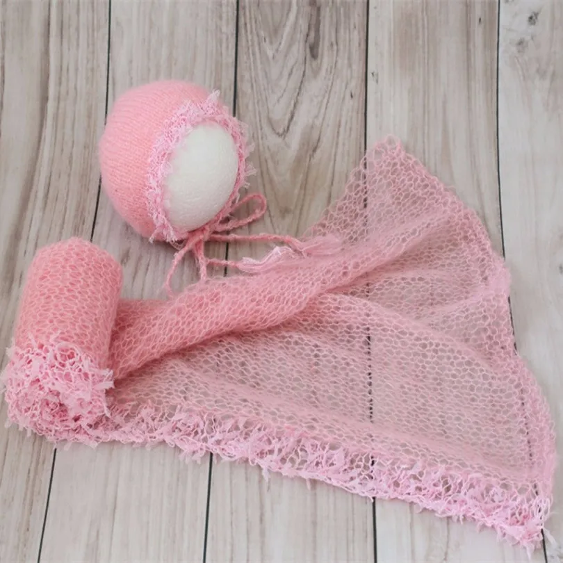 Crochet Baby Lace Fringe trim Mohair Wrap and Hat Baby Knit Carrier Bonnet Swaddle Blanket Layer Fabric Cocoon Photography Prop