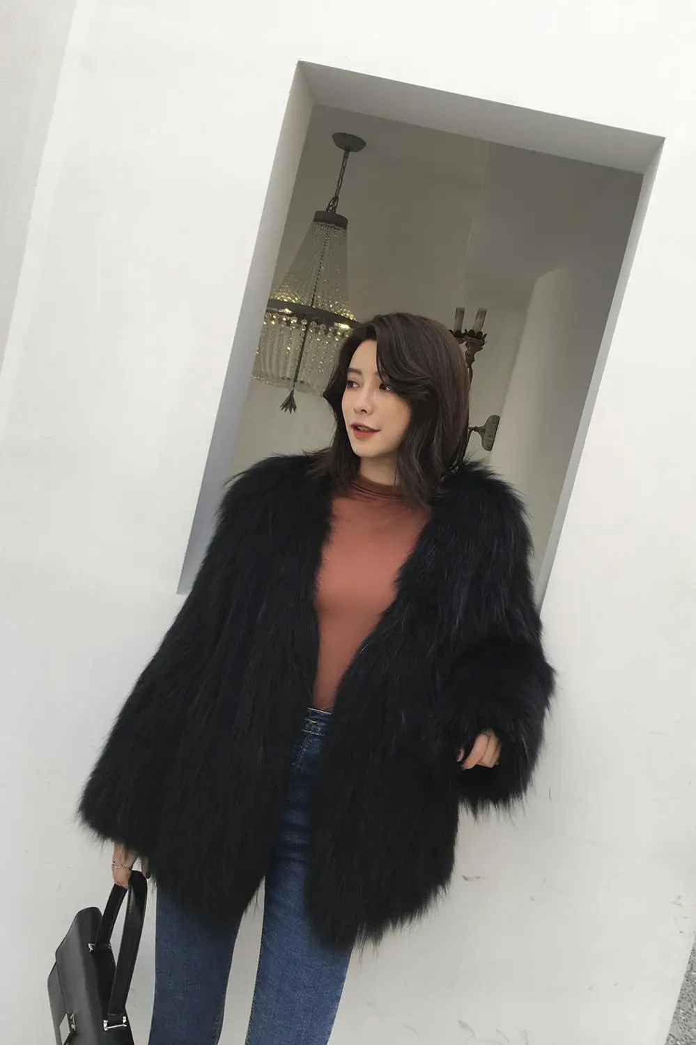 High Quality Natural Raccoon Fur Knitted Coat Women\'s Long Sleeve Winter Warm Genuine Fur Coats long Jackets