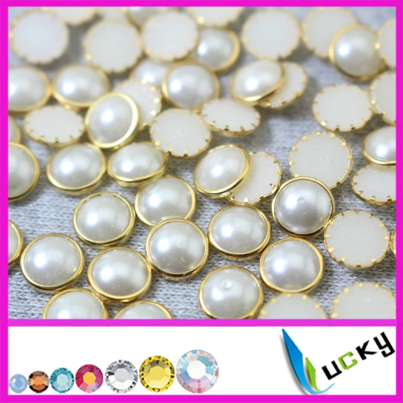 2016 NEW Design flat back half round pearls with gold ring trim,ABS resin beads Craft Scrapbooking