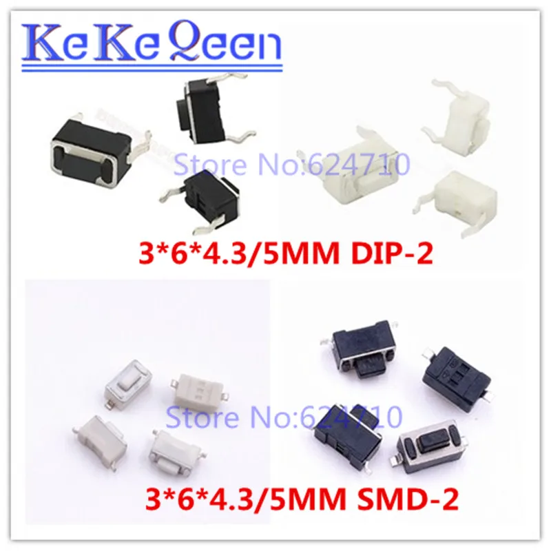 1000PCS 3*6*4.3/5MM Micro Switch 2PIN White Black Button Tactile Tact Push Switch 3*6*4.3mm 3*6*5mm DIP-2 SMD-2 3x6x4.3/5 mm