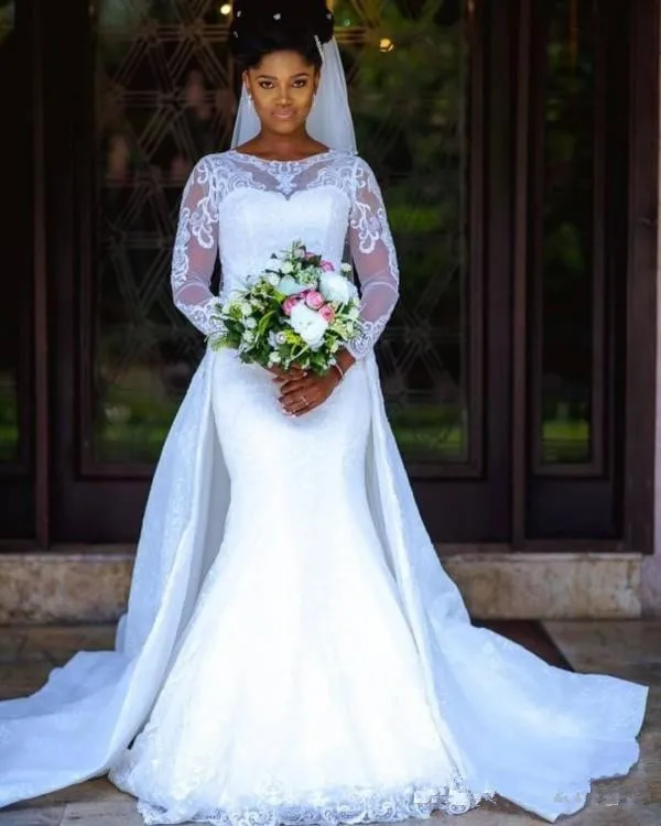 Spring Country Lace Mermaid Wedding Dress with Sleeves Detachable Train Jewel Neck White African Nigerian Lace Bridal Gown 2021