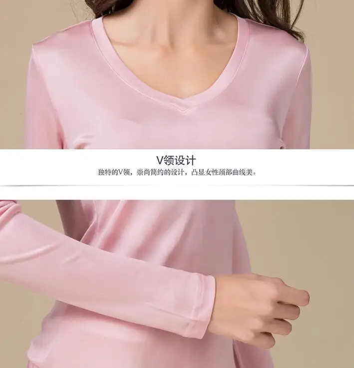 50% Natural Silk 50% Viscose Women Long Sleeve Shirt  V Neck Base Layer T-Shirts thermal top undershirt HY110