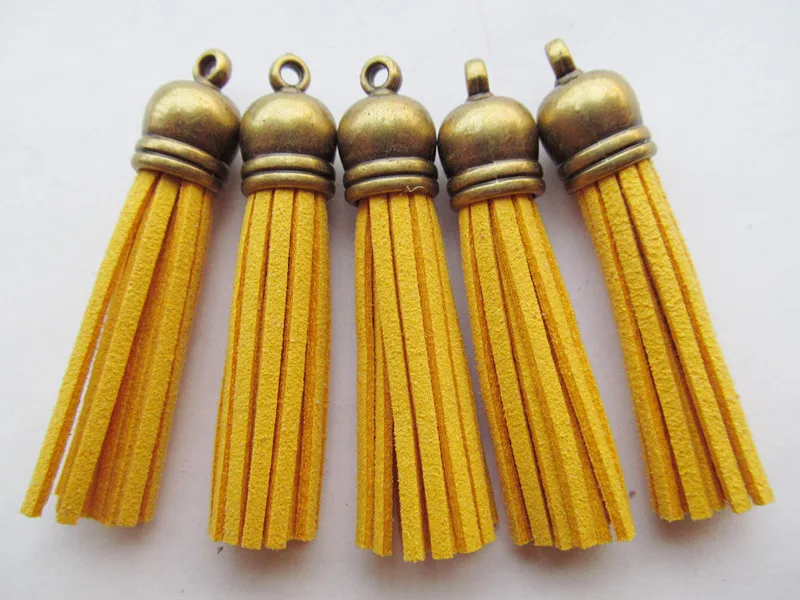 

Free Shipping 100Pcs 59mm Ginger Yellow Suede Leather Jewelry Tassel For Key Chains/ Cellphone Charms Top Plated End Caps Cord