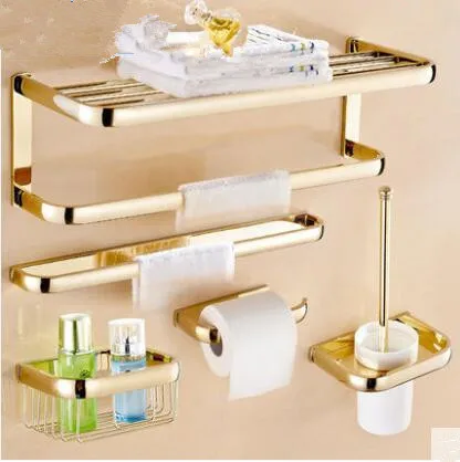 Brass Bathroom Accessories Set, Gold Square Paper Holder,Towel Bar,Soap basket,Towel Rack,Glass Shelf bathroom Hardware set