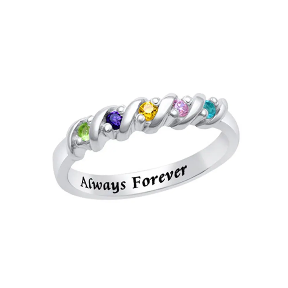 Amxiu Handmade 925 Silver Ring Customize Name Ring with Five Birthstones Colorful Zircon Rings For Women Mother's Special Gift