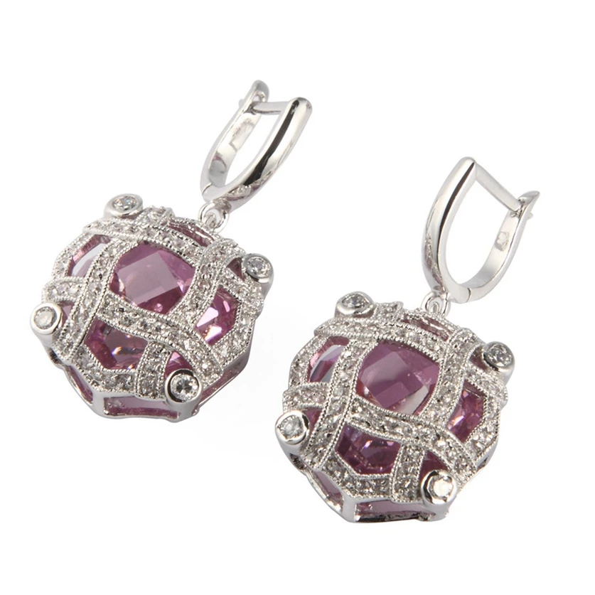 Fleure Esme Engagement Wedding drop earrings jewelry for women gift bohemian Pink Purple Cubic Zirconia Rhodium Plated R515 R518