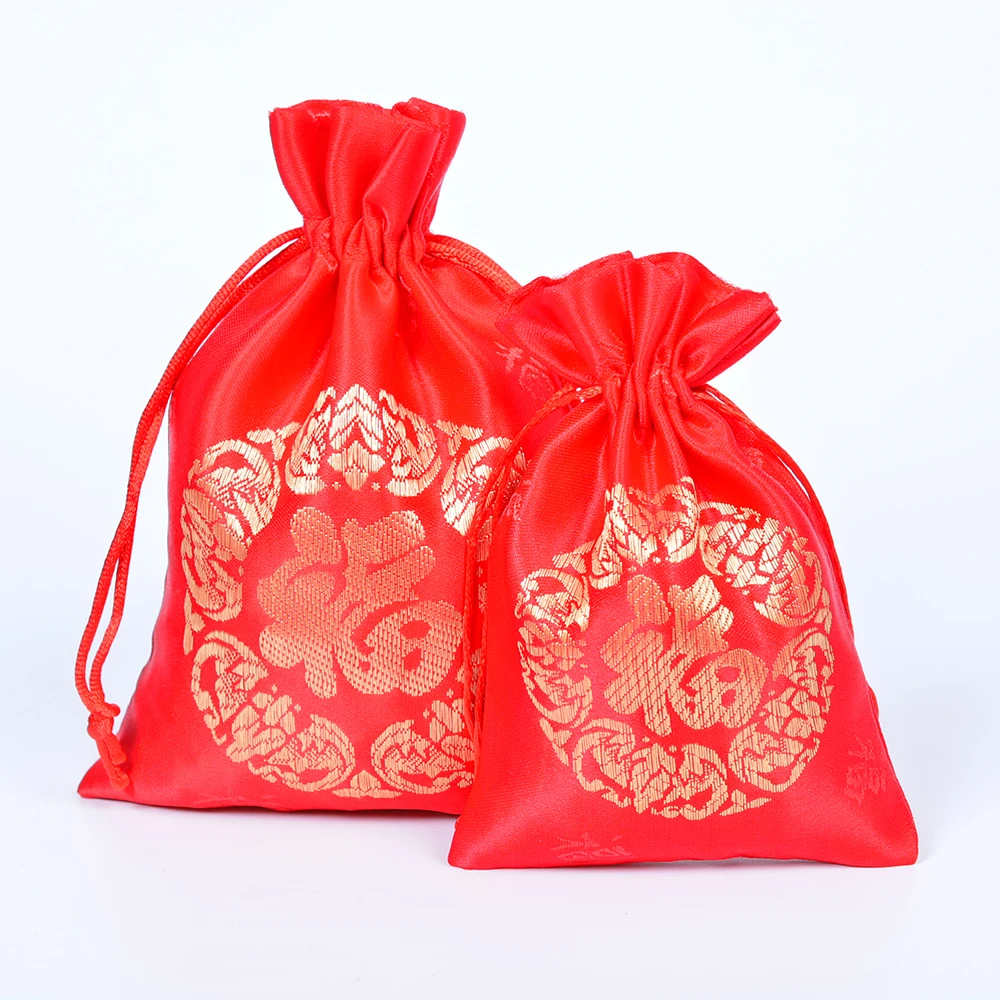 Red Silk Embroider Bags Jewelry Packaging Bag Wedding Favor Pouches Party Supply Organza Gift Bag 50pcs Lucky Bag Wholesale