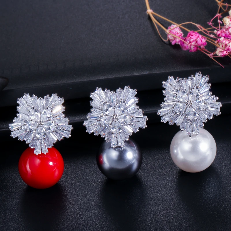 CWWZircons Fashion OL Style Silver Color Cubic Zirconia Setting Large Flower Stud Earrings with Pearls Jewelry for Women CZ282