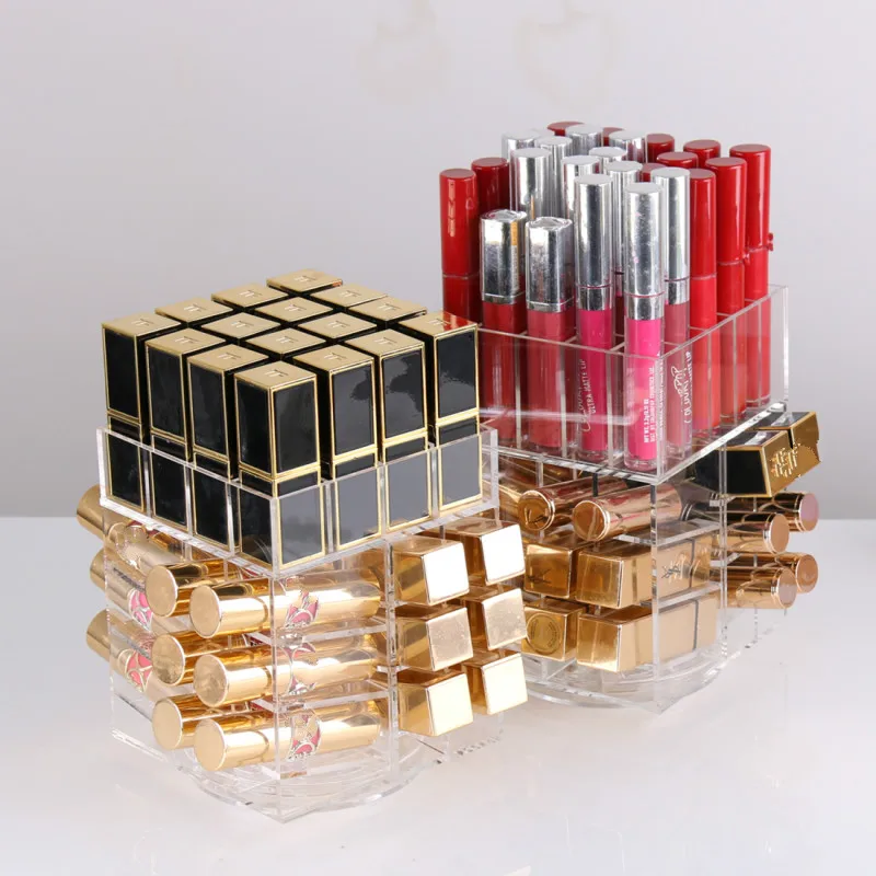 High Capacity Rotating Acrylic Makeup Organizer Storage Case Lipstick Holder Boxes Rotating Lip Gloss Organizer Display Boxes