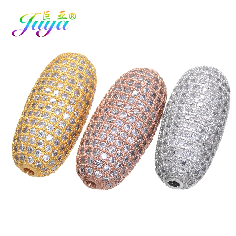 Juya DIY Jewelry Copper Beads Micro Pave Zircon Oval Charm Beads For Women Decoration Clothes Natural Stone Pearl Jewelry Making