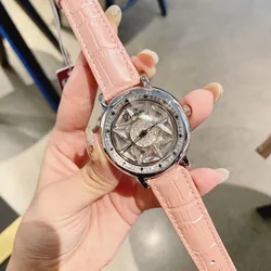 Extravagant Full Crystals Women Spinning Watches Candy Colors Genuine Leather Strap Watch GOOD LUCK Rotating Quartz Wrist watch