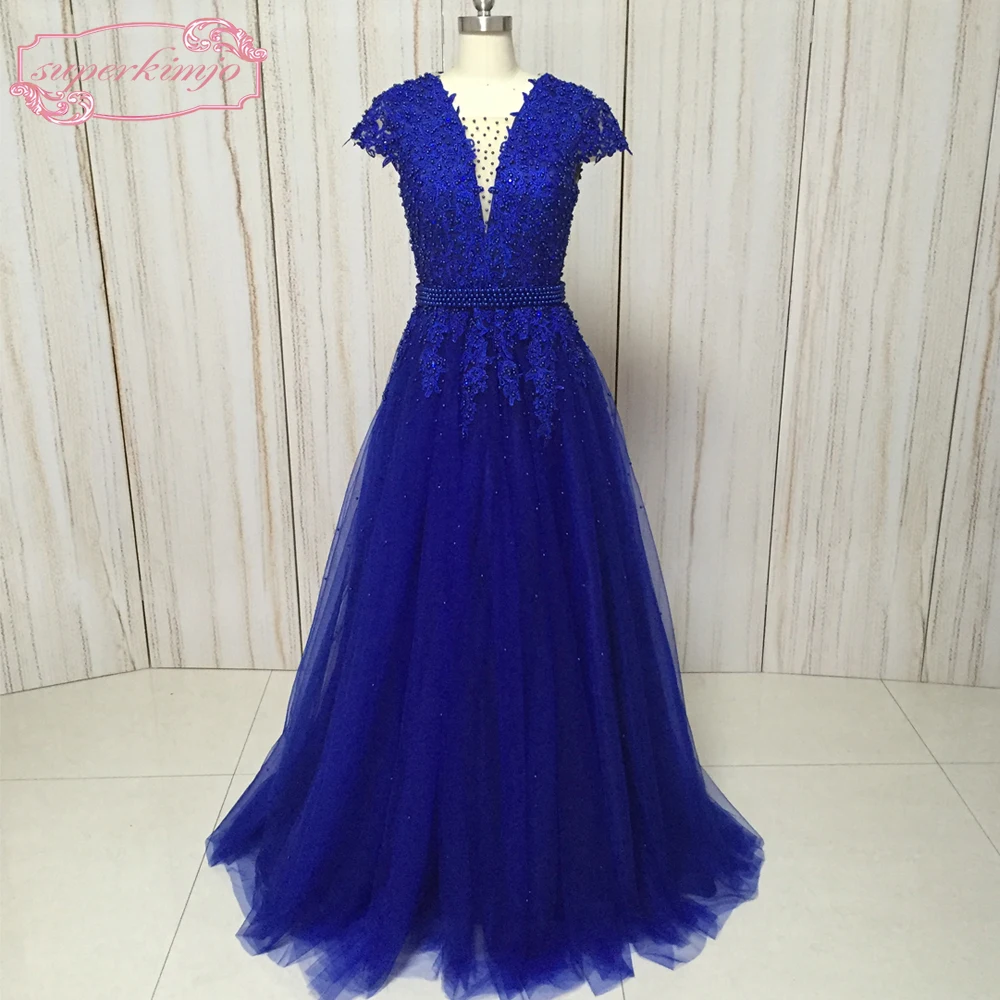 SuperKimJo abiti da sera abiti con scollo a v appliques del merletto perle borda manicotto della protezione royal blue prom dresses vestidos de fiesta