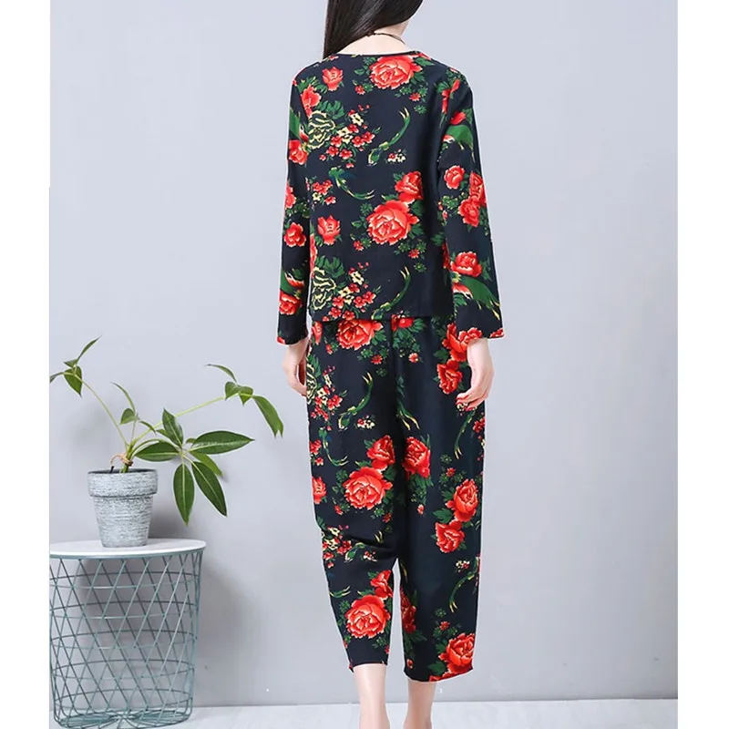 UHYTGF National Wind Sets Mulheres Soft Cotton Linen Printing Loose Summer 2 Piece Set Pullover Top + Pants Casual Suit Feminino 1417