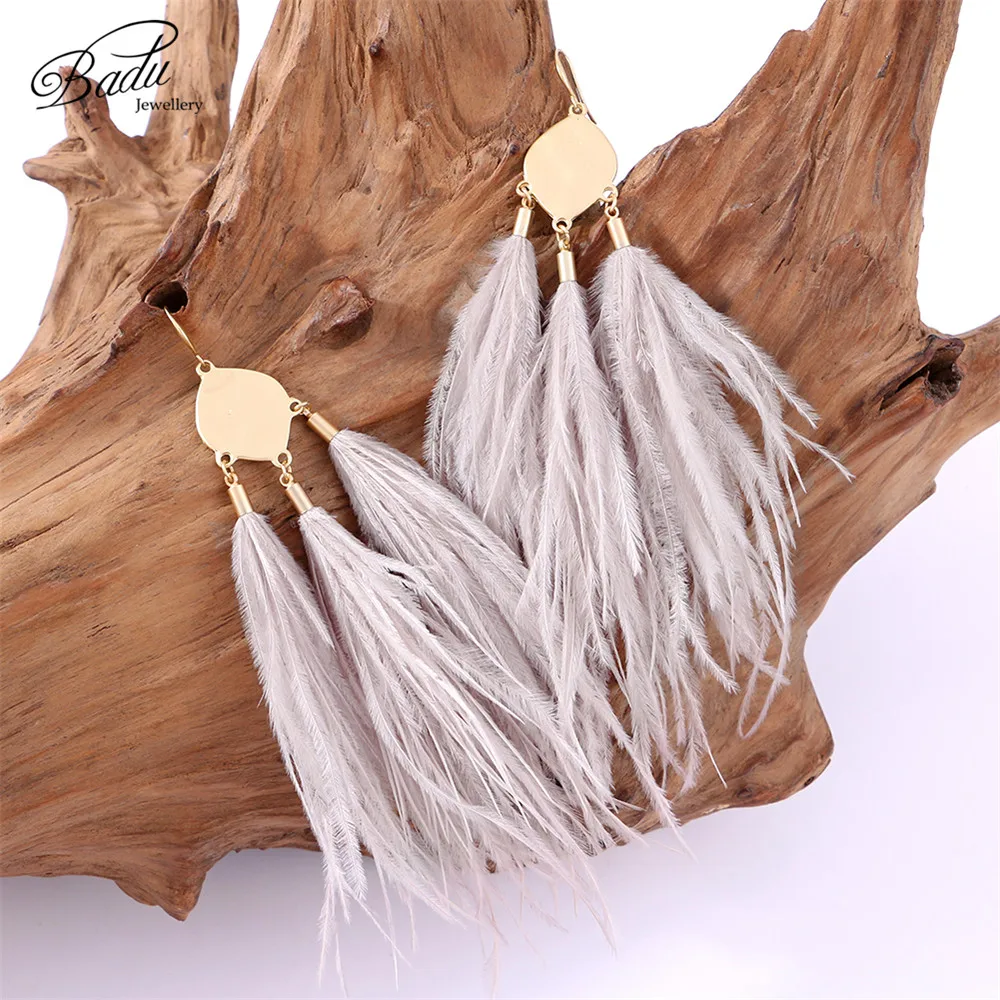 Badu Vintage Ostrich Feather Earring Long Drop Women Winter Autumn Winter Earrings Light Feathers Christmas Jewelry Wholesale