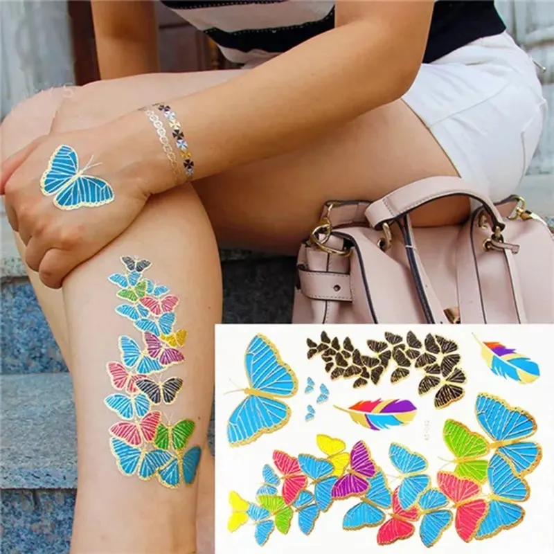 

Временные золотые татуировки Krasivyy, цветные художественные татуировки с бабочками, флеш-паста, макияж для девушек, водонепроницаемые поддельные татуировки