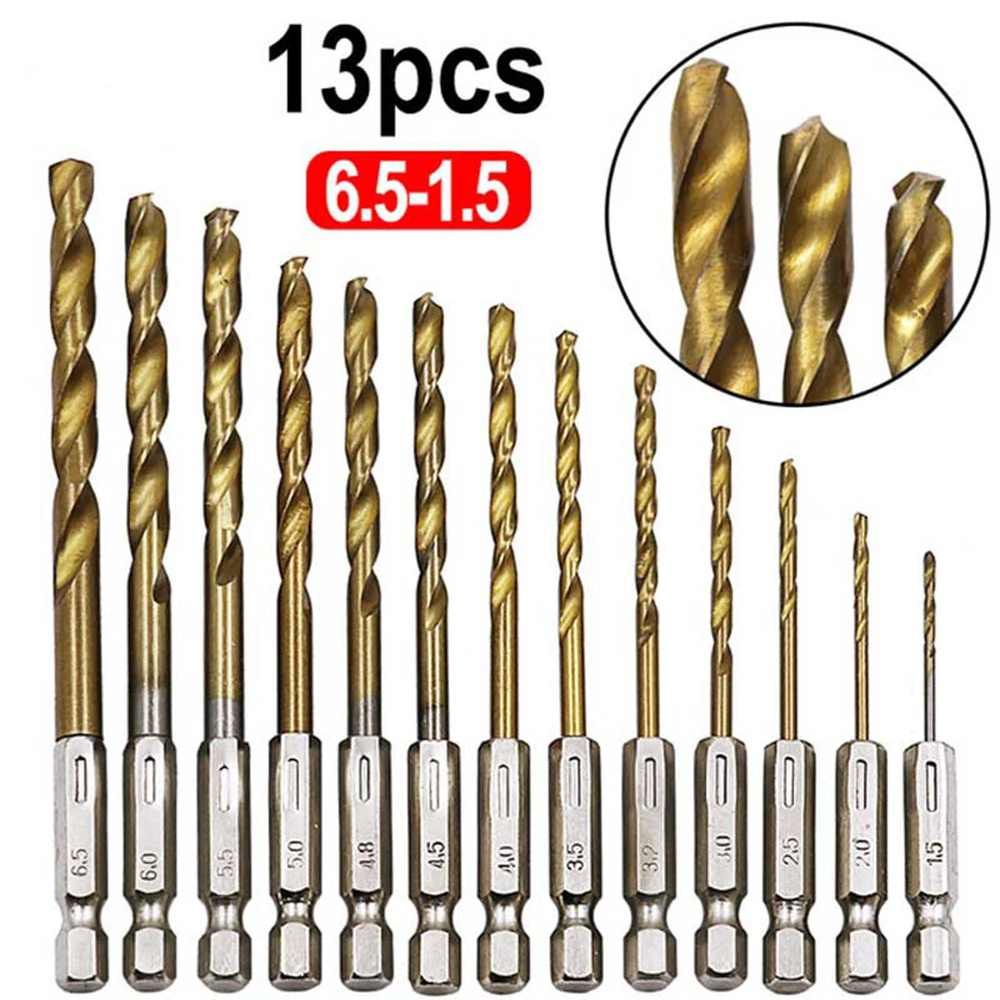 Juego de brocas de acero de alta velocidad con revestimiento de titanio, 13 en 1, 1/4, vástago hexagonal, 1,5-6,5mm, HSS, accesorios para herramientas eléctricas