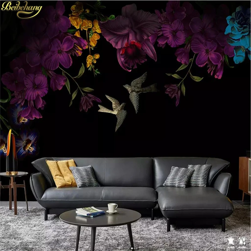 

beibehang Custom Nordic minimalistic peony flowers wall paper black background wallpaper for loving room wallpaper for bedroom