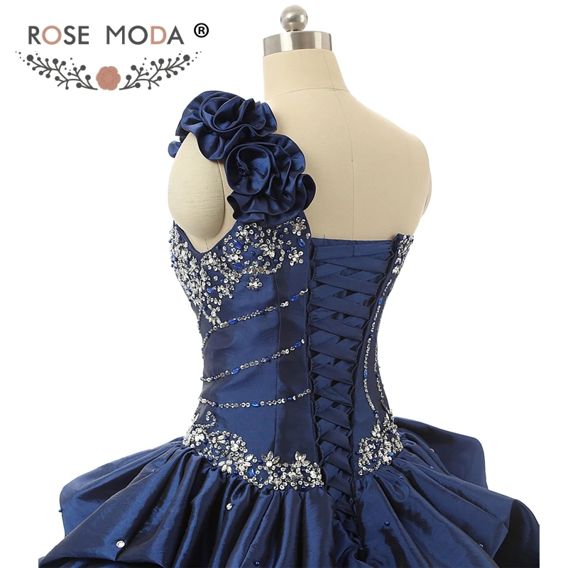 Rosa moda um ombro marinha quinceanera vestido de cristal princesa bola vestido fotos reais