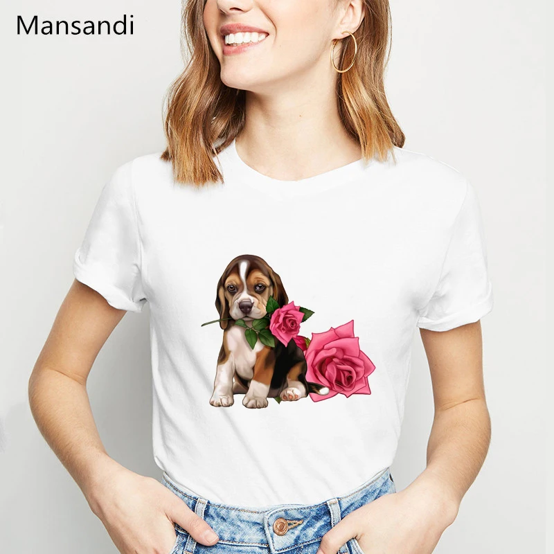 2025 Valentine Rose Maiden T-Shirt Women Summer Tops Harajuku Funny Boston Terrier Dog T Shirt Femme White Tshirt Female