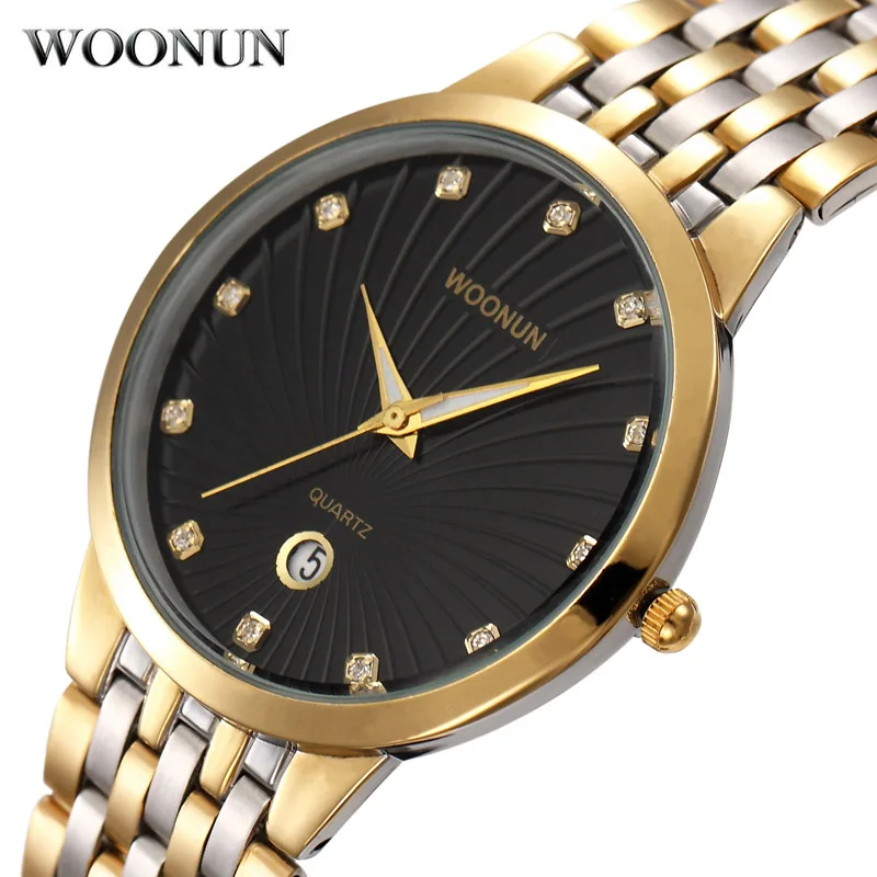 WOONUN Mens Watches Top Brand Luxury Quartz Diamond Watches For Men Gold Watch Men Stainless Steel Ultra Thin Relogio Masculino