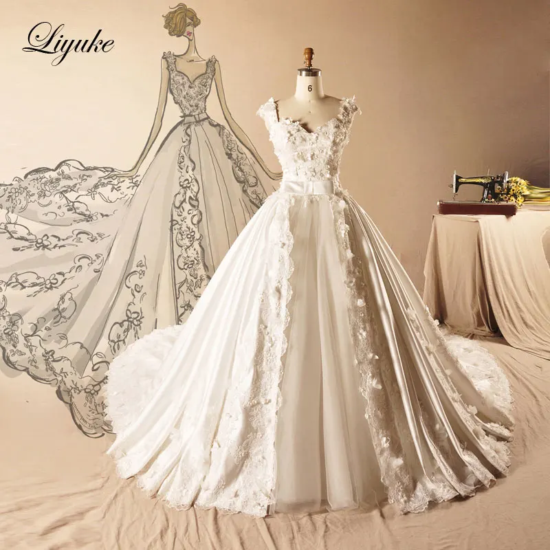 

Elegant Satin Sweetheart Neckline A-Line Wedding Dress Chapel Train 3D Appliques Embroidery Bridal Dress Liyuke