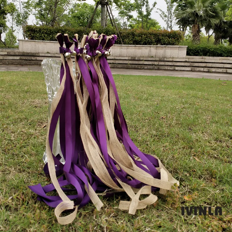 50pcs/lot purple jute wedding wands with big sliver bell for wedding decoration