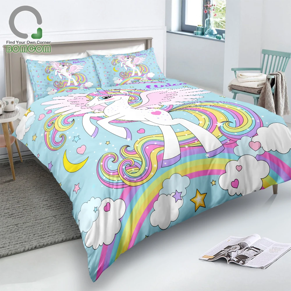 BOMCOM Unicorn Duvet Cover Set Gifts for Teens Unicorn Lovers Winged Unicorn Iridescent Hair Rainbow Shooting Star Bedding Set