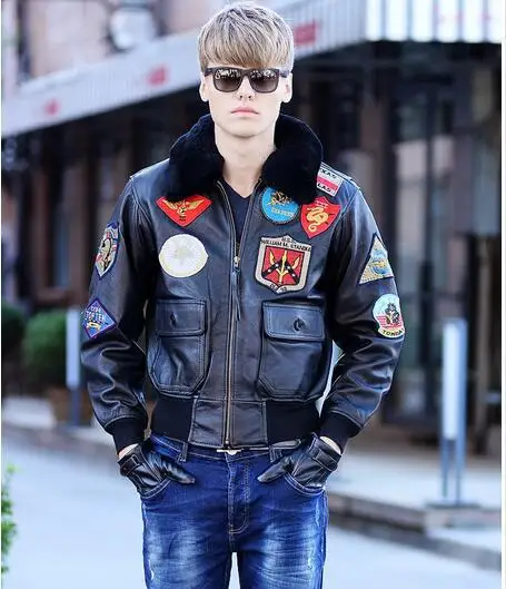 

2016 New Flight Top Gun Leather Jacket Fat loose big yards S-XXL Wool Collar Genuine Sheepskin Men Military A2 Pilot Jacket