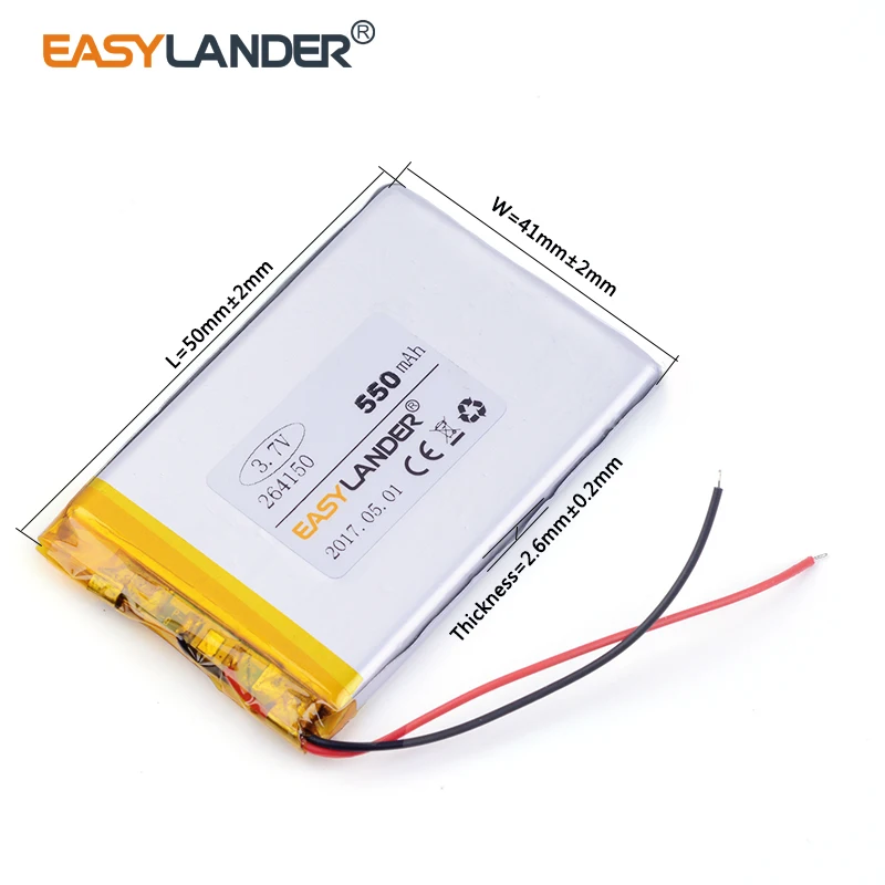 10pcs /Lot 3.7V SD264150 550mAh Rechargeable Lithium Li-ion Polymer Battery for GPS DVR Toy MP4 MP5 264150 254050
