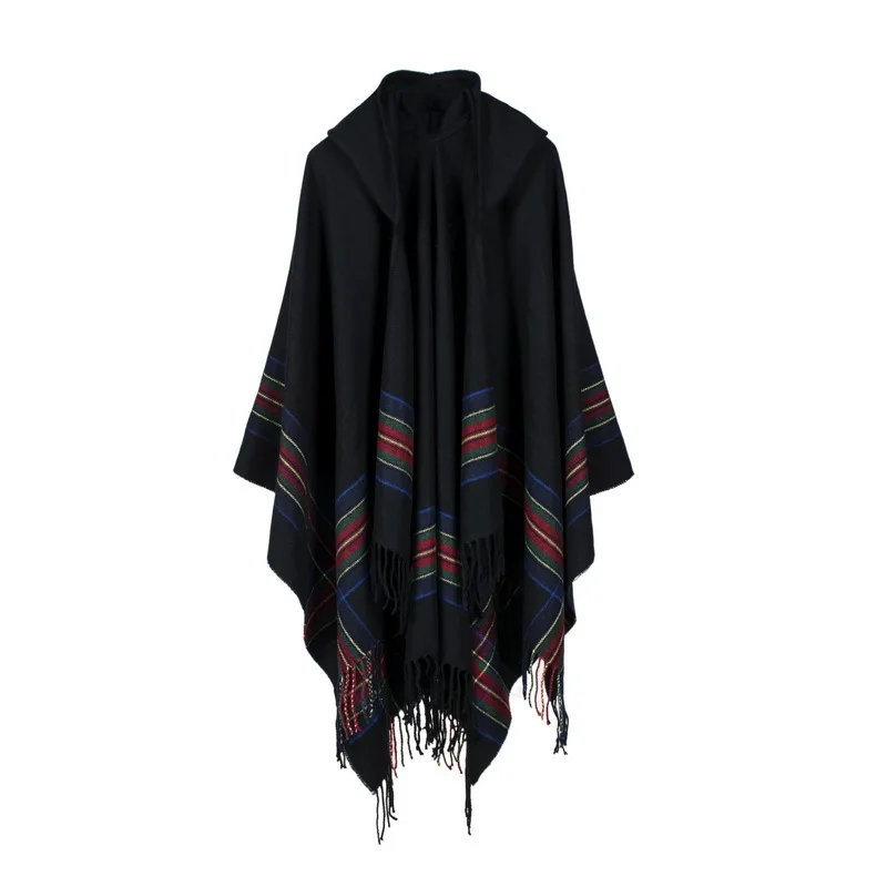 

Fashion Ladies' Poncho Thickened Colored Stripes Female Capes Cashmere Jacquard Shawls Warm Fashionable Caps