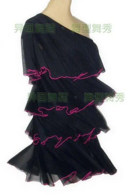 

Latin dance one shoulder four layer gauze mesh dress lotus ruffles one piece dress slanted collar W11028