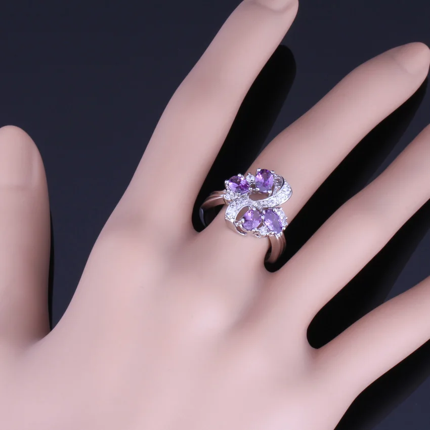 Impressive Plant Purple Cubic Zirconia White CZ Silver Plated Ring V0142