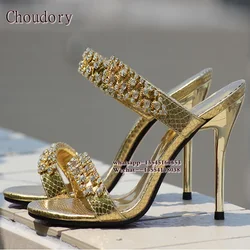 Ladies Summer Sandal Crustal Two Strap Woman High thin Heels Sandals Large Size 42 43 Rhinestone Shoes Gold Silver