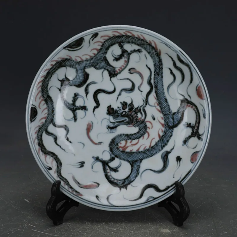 Antique Ming Dynasty Hand Painted Dragon Blue and White Underglaze Red Blue Porcelain Decoration Plate