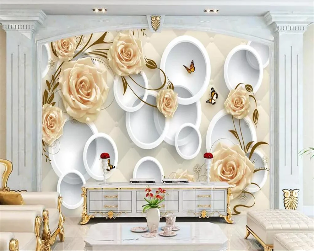 Wallpaper mural yellow rose vine 3D solid circle soft pack TV background wall home decoration room living 3d wallpaper