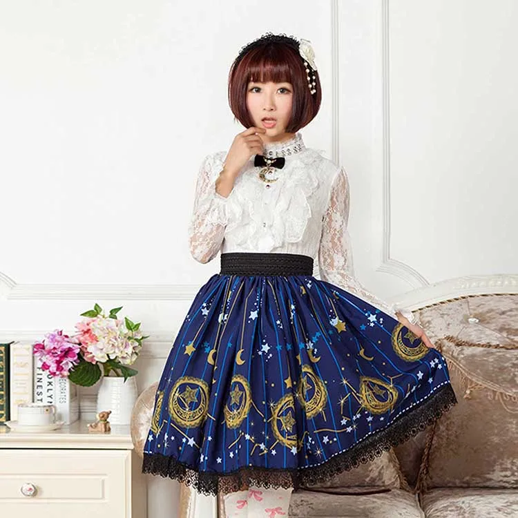 Mori Girl Blue Skater Skirt Moon and Star Printed Lady\'s Pleated Short Lolita Elastic Waist Skirt