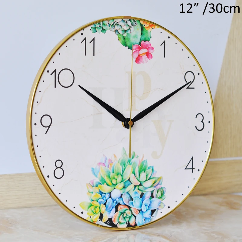 Modern Green Succulents Plant MDF Wall Clock 12 Inches Round Gold PVC Framed Clock With White With Black Arabic Numbers Printed